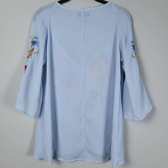 Signature Collection Womens Small Top Blue Embroidered Tie Neck 3/4 Sleeves Boho - Picture 2 of 7